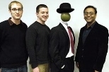Part of the motivation for the MIT team's Science paper derives from the paintings of Belgian artist Rene Magritte (1898-1967), who often used contextual cues to shape viewers' interpretations of objects in his paintings. Standing here with a recreation of Magritte's 'L'idee' (1966) are (from left) Ethan Meyers, David Cox and Pawan Sinha.