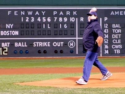 MIT professor Ronald Rivest throws out the ceremonial first pitch at Fenway Park on April 16.