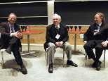 Speaking to a media audience about construction of the Stata Center on May 5 are Professor William Mitchell, head of the Program in Media Arts and Sciences (left), Stata Center architect Frank Gehry (center), and Rodney Brooks, director of the Computer Science and Artificial Intelligence Laboratory (CSAIL), which is housed in the new building.