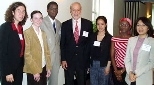 The MIT International Science and Technology Initiatives (MISTI) awarded six Sun Fellowships. Left to right: winners Erica Fuchs, Virginia Corless and Geoffrey Kigongo; Institute Professor Phillip Sharp; and winners Janice Lin, Akua Adu-Boahene and Kyoung-Hee Yu.