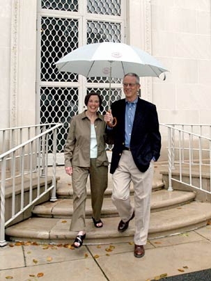 'At least there'll be three of us,' MIT President Charles Vest quipped to a photographer as he and his wife Rebecca left Gray House during a steady drizzle to attend the Sept. 18, 2004 community celebration in their honor at the Stata Center. In fact... <a onclick="MM_openBrWindow('1-vestparty-enlarged.html','','width=509, height=583')">
<span onmouseover="this.className='cursorChange';">Open imag...