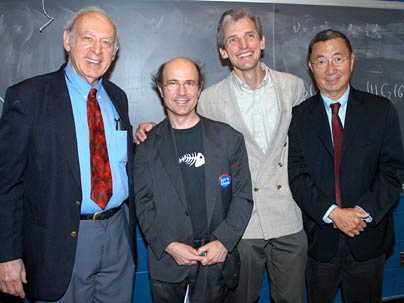 Portrait of four MIT Nobel laureates in physics. From left, Jerome Friedman (1990), Frank Wilczek (2004), Wolfgang Ketterle (2001) and Samuel Ting (1976).