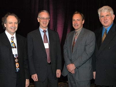 From left: Rodney Brooks, director of MIT CSAIL; MIT president Charles M. Vest; director of the World Wide Web Consortium and senior research scientist at CSAIL Tim Berners-Lee; and venture capitalist and MIT trustee Bob Metcalfe, gathered for the W3C Tenth Anniversary Celebration.