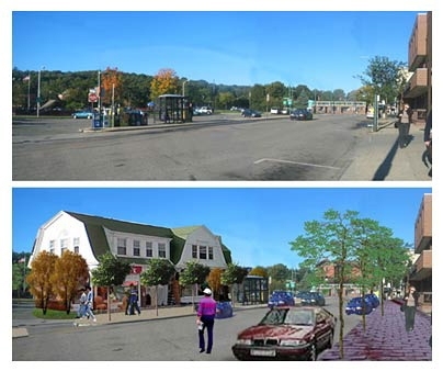 A municipal parking lot in Waverley Square, Belmont, today (top), and if the MIT student proposal is enacted (bottom).