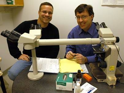 Biology graduate student Ken Olive, left, and Center for Cancer Research director Tyler Jacks have developed a new mouse model that closely resembles Li-Fraumeni Syndrome in humans.