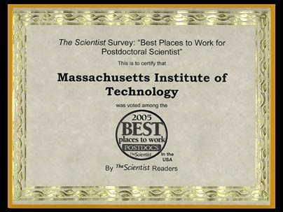 MIT was chosen one of the best places for postdocs to work by readers of The Scientist in the magazine's annual survey.
