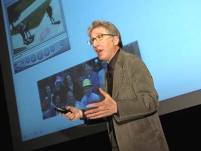 Robert A. Muh Alumni Award winner Ned Block gives his talk, 'What Is Consciousness in the Brain?' at Bartos Theater on Wednesday, March 2. Block, who received his S.B. degree in physics and humanities in 1964, received the prestigious award for noteworthy achievements in the humanities, arts and social sciences. Now a professor at New York University, Block taught philosophy at MIT for 25 years.