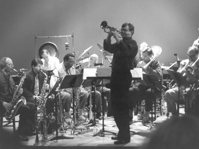 The Aardvark Jazz Orchestra, shown performing with MIT Lecturer Mark Harvey on trumpet, will perform a free concert Saturday, April 30, at Kresge Auditorium.