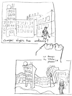 Graduate students Brian Chan and David Hu designed 'Stata Glasses,' designed to make buildings look like they were designed by architect Frank Gehry, as an entry in MIT 'unuseless contest.'