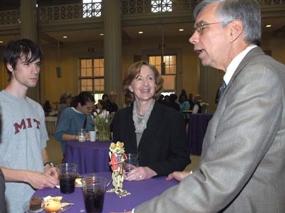 Freshman Rocco Repetski, left, meets with President Susan Hockfield and her husband, neurologist Thomas Byrne, at an inauguration week reception hosted by the Working Group on Support Staff Issues on May 3.