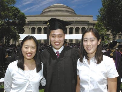 Alvin Lin celebrates his graduation Friday with his sisters, MIT alumnae Vicki (S.B. 2001), left, and Sandi (S.M. 2003).