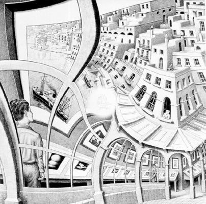 Research Science Institute student Asilata Anand Bapat, of India, spent her time at MIT this summer studying the mathematical problems posed by this Escher painting, 'Print Gallery.'