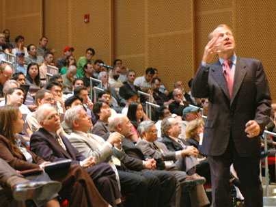 John Chambers, president and CEO of Cisco Systems, addresses a crowd in the Stata Center's Kirsch Auditorium on Thursday, Sept. 8.