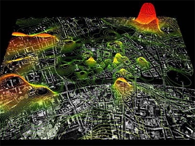 Street map of Graz, Austria, overlaid with an electronic visualization of cellphone activity.