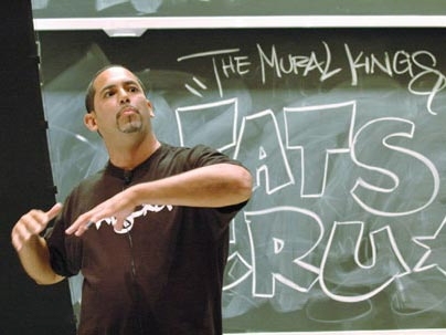 Graffiti artist Bio, a member of the graffiti art crew TATS CRU, tells an MIT audience about his move from the streets of the Bronx, N.Y., to corporate America.