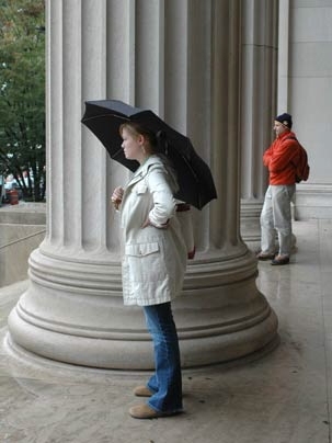 Fierce winds and lashing rains seem to have whipped up a little resentment judging by the body languate of these two, who were watching the wild weather from the entrance to 77 Mass. Ave. on Tuesday, Oct. 25.