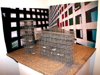 Simmons Hall inspired Jin Soo Kim's wire cubby creation. Kim is one of three artists who chose to focus their work on MIT locations for the exhibit "Dimensions Variable, Site Fixed," on display at the Cambridge Arts Council Gallery.