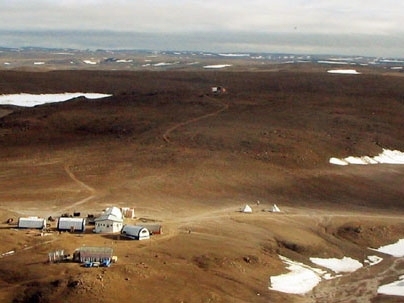 In this aerial view of the Haughton-Mars Base, near the North Pole, the six core structures (including the MIT tent) can be seen on the left.