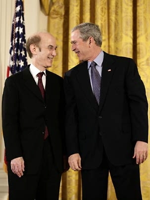 President George W. Bush congratulates MIT's Stephen J. Lippard, the Arthur Amos Noyes Professor of Chemistry, on receiving the National Medal of Science on Monday, Feb. 13, in the White House
