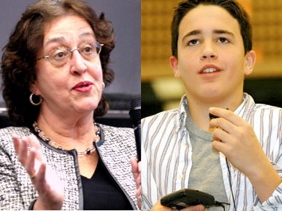 Panelist Lita Nelsen, director of the Technology Licensing Office, encourages youngsters to weigh the benefits of controversial research following a question by Adam Briscoe.