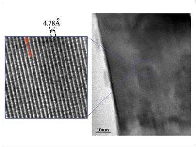 An electron micrograph of lithium nickel manganese oxide. The white layers are composed of nickel manganese oxide, and the dark layers represent lithium.
