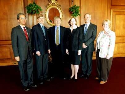 MacVicar Fellows Leslie Norford, second from left, and Dennis Freeman, third from left, were feted for educational excellence on Friday, March 3. Joining them are, from left, Dean for Undergraduate Education Daniel Hastings, President Susan Hockfield, Provost L. Rafael Reif and Victoria MacVicar, sister of Margaret MacVicar. Not pictured is MacVicar Fellow Samuel Bowring.