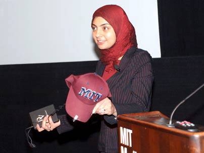 MIT postdoctoral associate Rana el Kaliouby demonstrated wearable  technology she helped develop that may aid people with autism spectrum disorders. The session took place at the Body Sensor Network International Workshop held at MIT April 4 and 5.