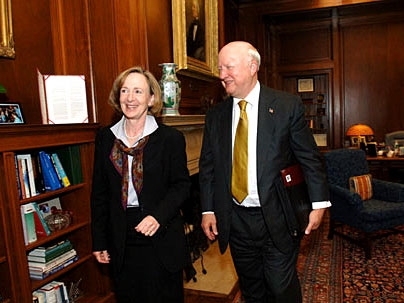 President Susan Hockfield and U.S. Secretary of Energy Samuel W. Bodman leave the president's office together on Tuesday, May 9. Bodman delivered a talk on campus later that day.