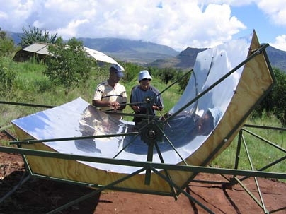 Lehlohonolo Mpholo, left, and Keketso Khuele, right, work on the generator's mirrored 'troughs.'