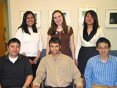 Winners of the Kelly Douglas Awards, from left to right, front row, Patrick Boyle, Nikhil Nadkarni, and Joel Yuen; back row, Julia ̪lvarez,  Jocelyn Rodal, and Ji-Eun Park.