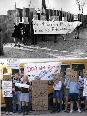 Images from an exhibit by John Malpede on display at the MIT Center for Advanced Visual Studies through June 30. Malpede's 'RFK in EKY, 2004' includes a 2004 reenactment (below) of a protest during Robert F. Kennedy's 1968 tour of impoverished parts of Kentucky (top).