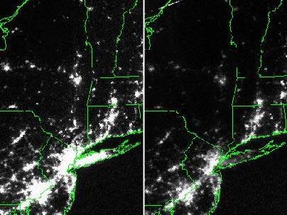 Satellite images show the New York City area about 20 hours before (left) and 7 hours after the blackout of Aug. 13, 2003. MIT economist Paul Joskow explains that such blackouts are usually caused by problems with power distribution and equipment, not power shortages.