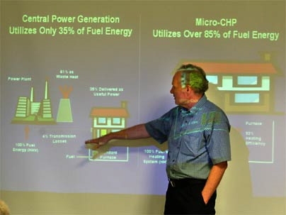 MIT alumnus Eric Guyer, CEO of Climate Energy, describes his company's micro-combined heat and power unit at an MIT Energy Club event.