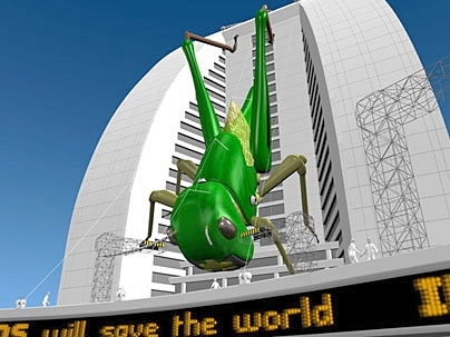 In this work, a larger-than-life locust lands on a luxury hotel.