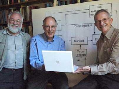 MIT researchers have developed a half-sized engine that performs like a full-sized engine but offers the fuel efficiency of a hybrid electric car. The team includes, from left to right, Leslie Bromberg, principal research engineer at the Plasma Science and Fusion Center (PSFC), Daniel Cohn, division head and senior research scientist at the PSFC, and John Heywood, director of the Sloan Automotive ...