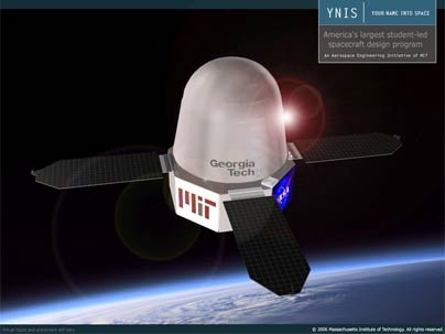 An artist's rendition of a spacecraft with logos from MIT, Georgia Tech and NASA. A group of MIT students is selling space on the satellite to help fund its building. When launched, the satellite would simulate a trip to Mars by sending mice into orbit around the Earth.