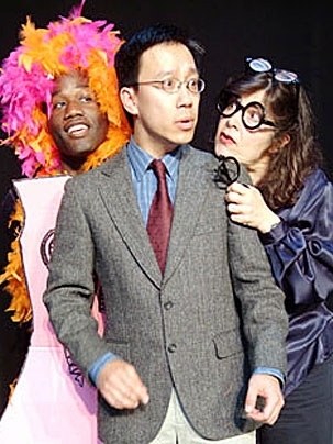 Albert Chan (S.M. 1999, Ph.D. 2004) is pestered by Tom Bardwell and Margaret Ann Brady in a scene from Associate Professor Thomas DeFrantz's 'Queer Theory! A Musical Travesty.'