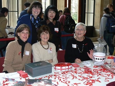 Women's League organizers of MIT's World AIDS day event included (front row, from left) Chris Sharon, Eva Roos and Diana Strange; (rear, from left): Ellen Shapiro and Kimie Shirasaki.