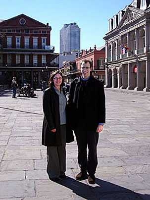Lorlene Hoyt, assistant professor in urban studies and planning, with 
Philippe Morgan de Rivery, master's student, in New Orleans' French Quarter.