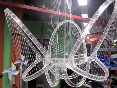 Mike Fabio and Steve Pliam's sonitronic chandelier will help 'wash' the Music Library in sound. Instrumentalists can tickle or pluck the resonant 'strings.'