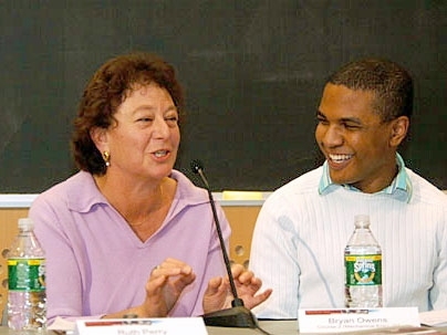 Ruth Perry, literature professor, left, and Bryan Owens, senior in mechanical engineering, discuss learning strategies.