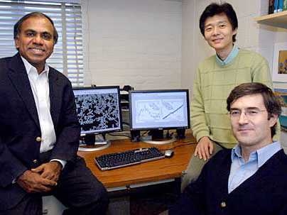MIT researchers have developed a dynamic new model that can analyze the mechanics of red blood cell deformation at the molecular level. From left to right, the team includes Subra Suresh, professor of materials science and engineering, research scientist Ming Dao and postdoctoral associate George Lykotrafitis.