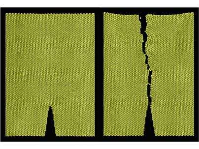 Atomistic simulation provides unparalleled insight into fracture processes. Under the weight of an applied load, a crack in a silicon crystal (above, left) propagates until the crystal is cleaved.