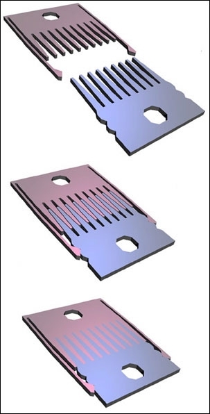 Researchers at the Harvard-MIT Division of  Health Sciences and Technology (HST) have developed a device that allows them to control the distance between cells. The cells are placed on combs, which can be fully separated (top), slightly separated (middle) or locked together with combs in contact (bottom).
