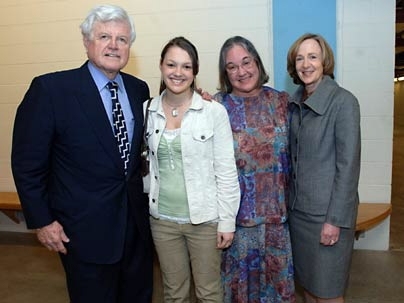 Sen. Edward Kennedy and MIT President Susan Hockfield, far right, met some descendents of Karl Compton, for whom the lecture Kennedy gave was named. Compton's great-granddaughter, freshman Holly Bellocchio, stands to the right of Compton's granddaughter Lisa Compton Bellocchio.