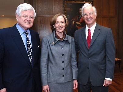 Sen. Edward Kennedy, MIT President Susan Hockfield and Harvard President Derek Bok at a luncheon at MIT's Gray House. Hockfield and Bok announced the expansion of the Kennedy Scholarship program.