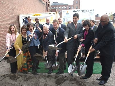 From left to right: Catherine Carr Kelly, campaign manager, Central Square Theater; Debra Wise, artistic director, Underground Railway Theater; Mimi Huntington, artistic director, The Nora Theatre Company; Carl Barron, president, Central Square Business Association; Steve Marsh, managing director, real estate, MIT Investment Management Company; Jarrett Barrios, state senator; Marty Walz, state rep...