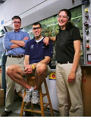 From left, Jim Doughty, environmental health and safety coordinator for the School of Science, chemistry graduate student Ryan Altman and materials science and engineering graduate student Elsa Olivetti are among those spearheading a laboratory education campaign resulting in significant savings and a chance to improve MIT's energy and carbon footprint.