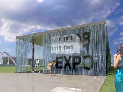 The Digital Water Pavilion will feature curtains of water for its walls, which can be programmed to display images or words, and will part to admit visitors or objects.