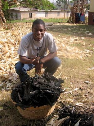 MIT senior Jules Walter in Ghana. He is holding a sample of  charcoal made from corncobs.